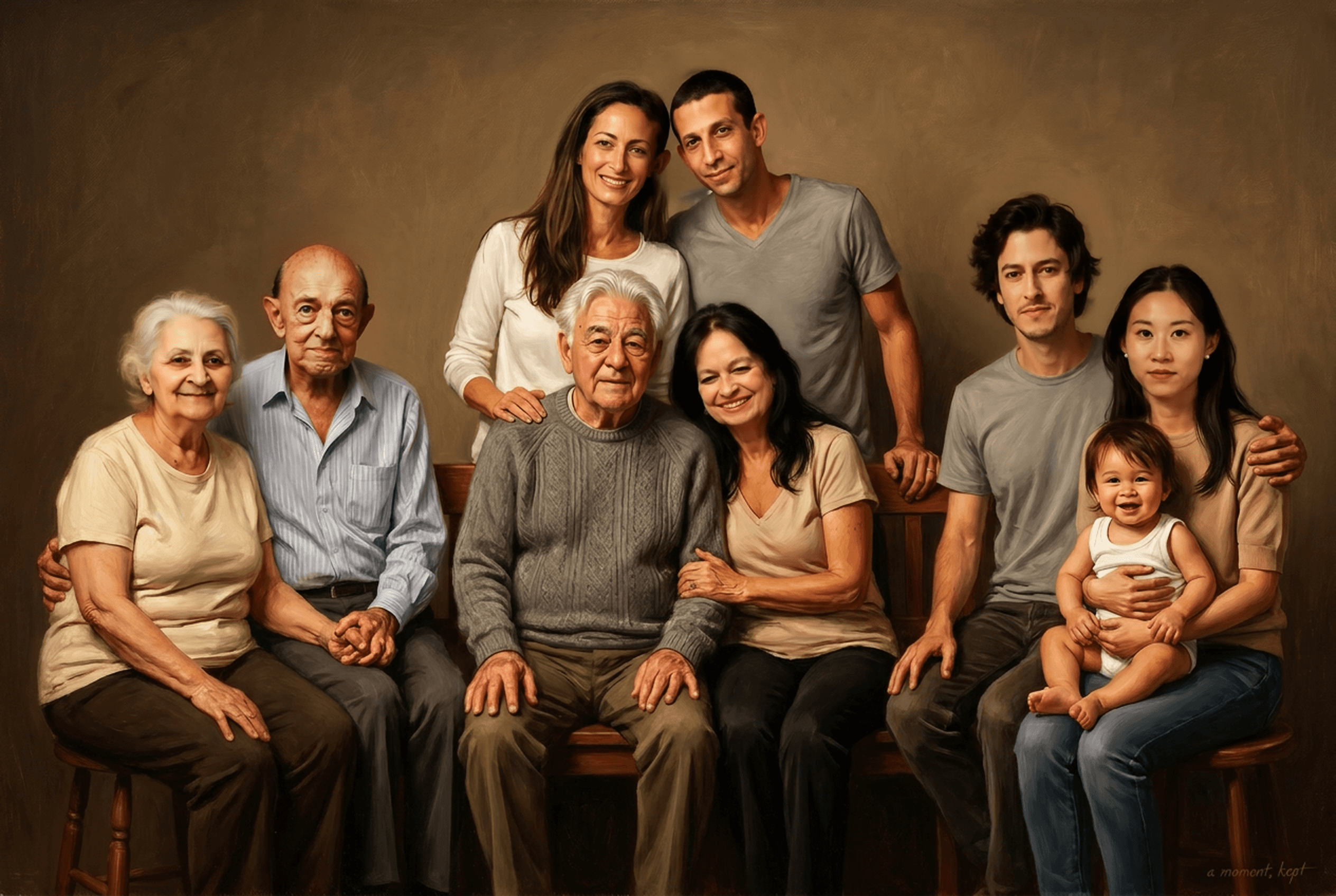 A painted family portrait arranged on a bench.