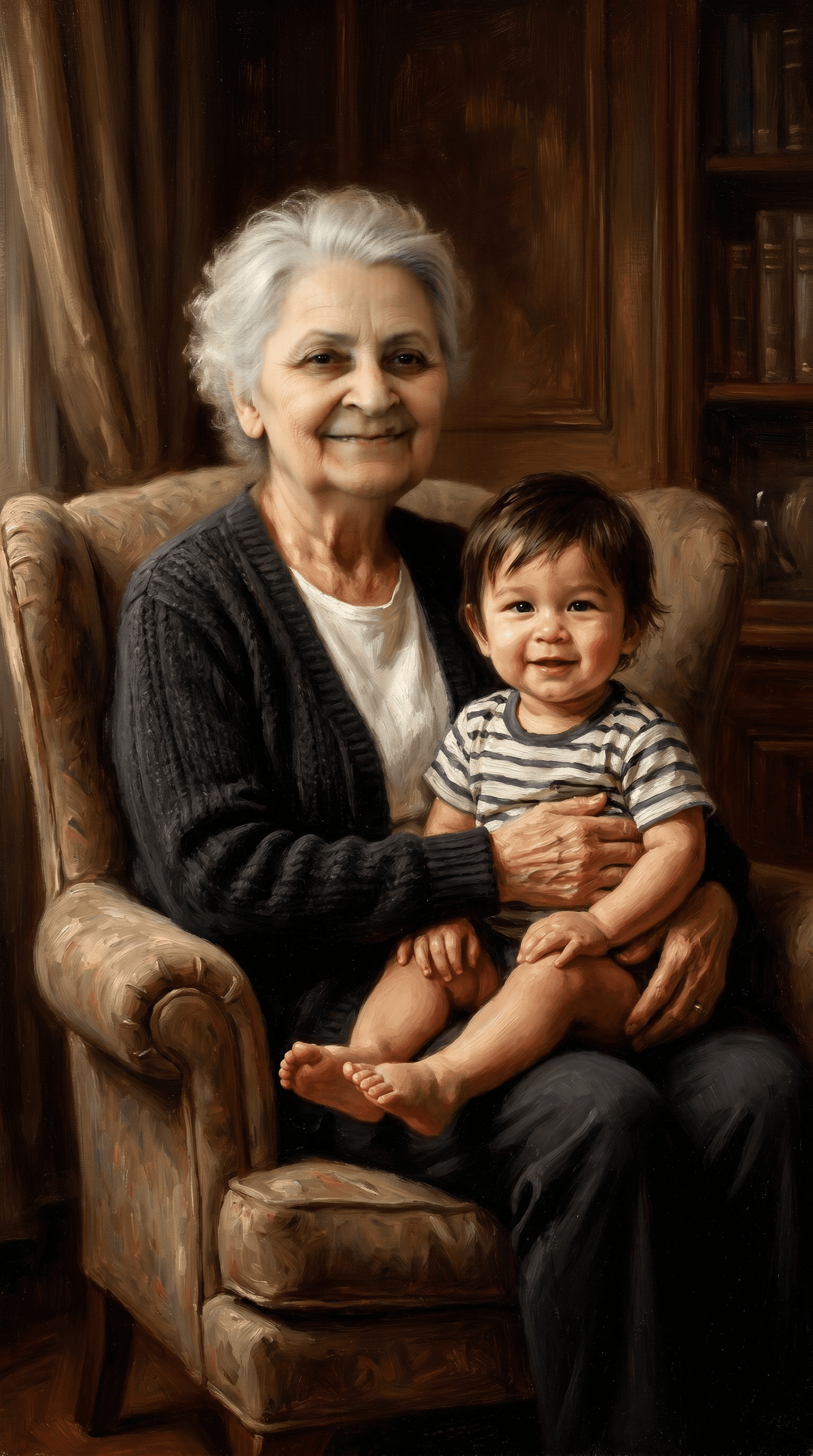 An oil painting of a grandmother holding a small child.