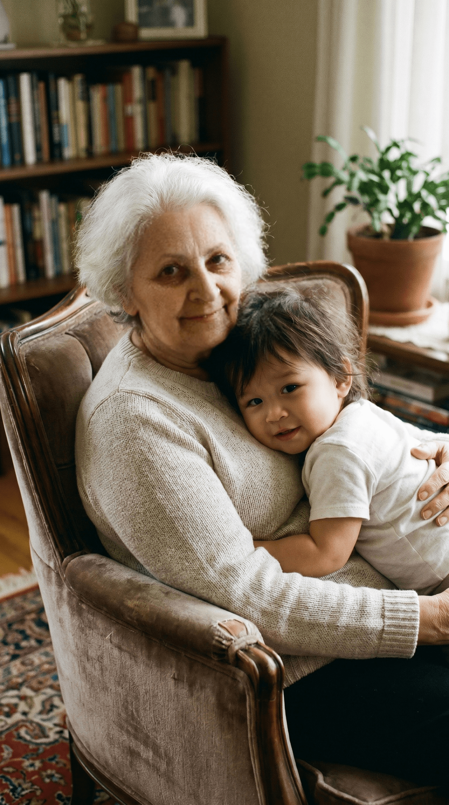 A grandmother hugging a small child in an armchair.