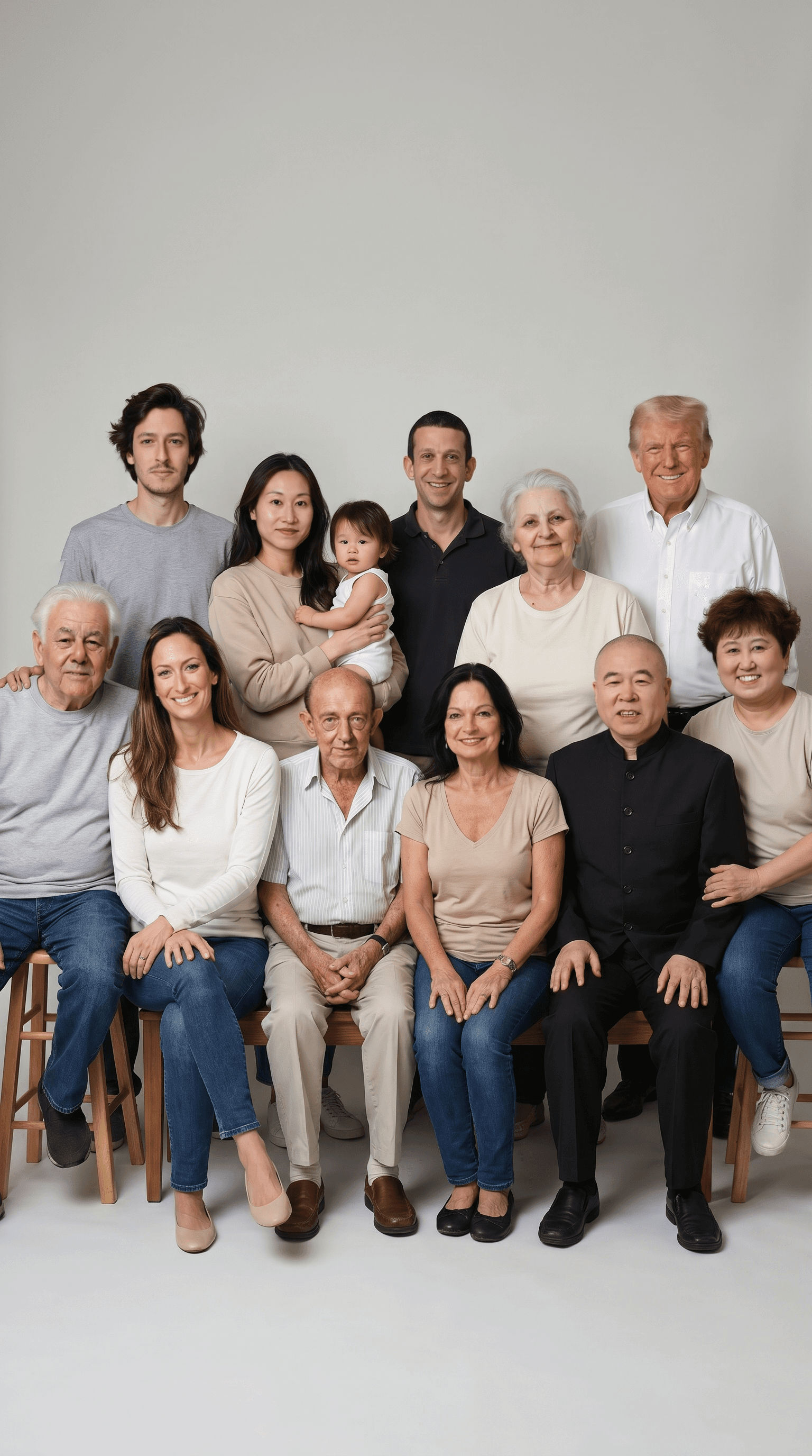 A multi-generation family portrait in a studio.